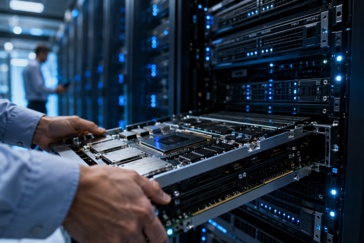 Technician installing an advanced server module inside a blue-lit data center rack.