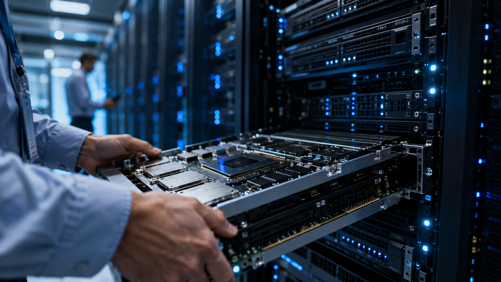 Technician installing an advanced server module inside a blue-lit data center rack.