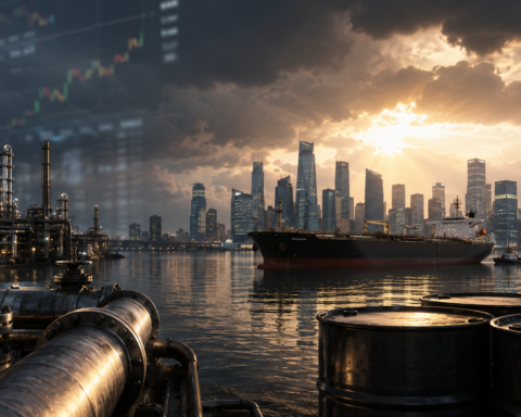 Oil barrels, refinery pipes, and a tanker sit before a financial district skyline under storm clouds breaking into sunlight.