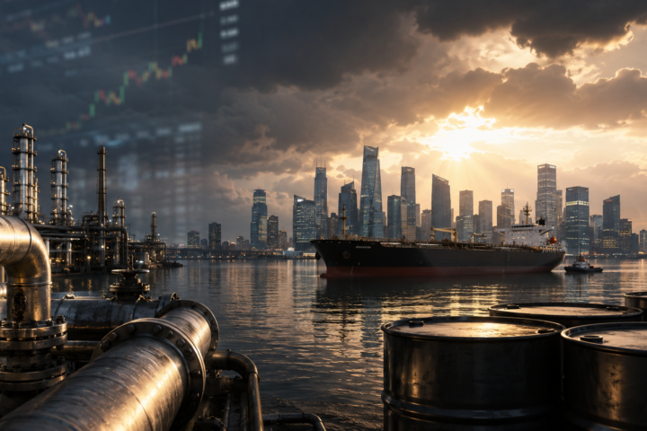 Oil barrels, refinery pipes, and a tanker sit before a financial district skyline under storm clouds breaking into sunlight.