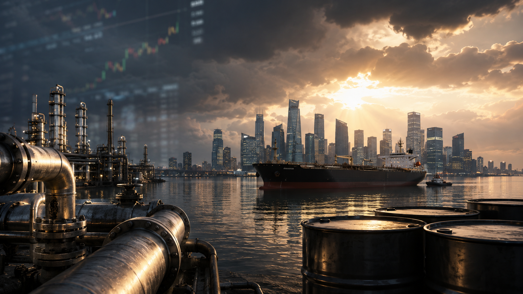 Oil barrels, refinery pipes, and a tanker sit before a financial district skyline under storm clouds breaking into sunlight.