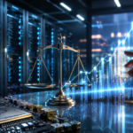 A photorealistic data center scene with glowing server racks, a balance scale, a semiconductor chip, and an upward financial chart symbolizing the AI stock rally and valuation discipline.
