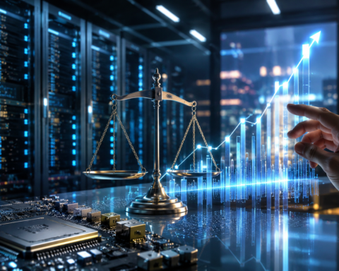 A photorealistic data center scene with glowing server racks, a balance scale, a semiconductor chip, and an upward financial chart symbolizing the AI stock rally and valuation discipline.