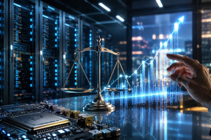 A photorealistic data center scene with glowing server racks, a balance scale, a semiconductor chip, and an upward financial chart symbolizing the AI stock rally and valuation discipline.