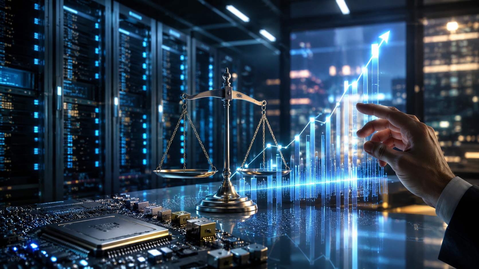 A photorealistic data center scene with glowing server racks, a balance scale, a semiconductor chip, and an upward financial chart symbolizing the AI stock rally and valuation discipline.