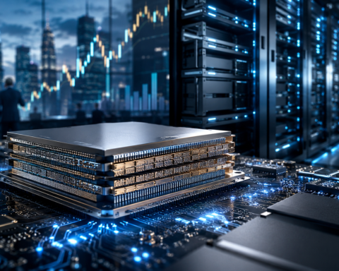 Advanced stacked memory chips on a circuit board beside AI data center servers and financial market visuals.
