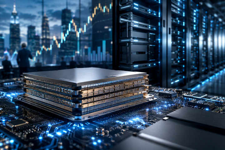 Advanced stacked memory chips on a circuit board beside AI data center servers and financial market visuals.