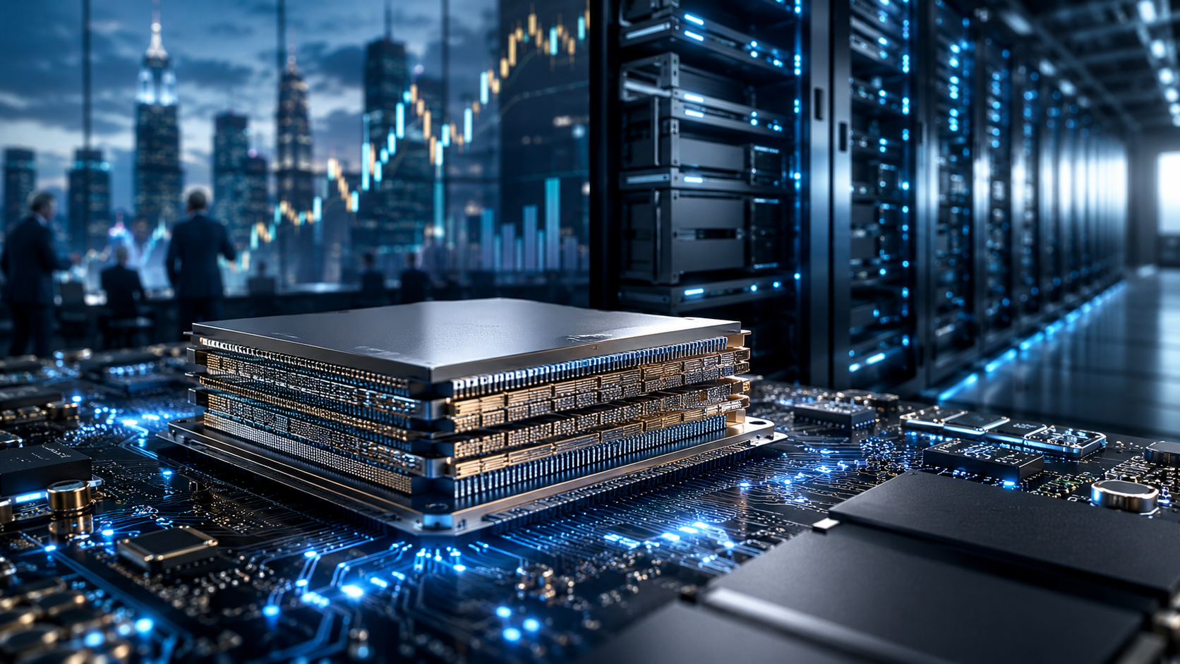 Advanced stacked memory chips on a circuit board beside AI data center servers and financial market visuals.