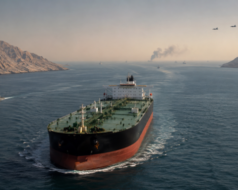 A large oil tanker travels through the Strait of Hormuz as patrol vessels, fighter jets and distant smoke signal escalating regional tensions.