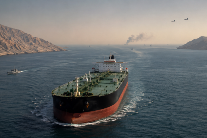A large oil tanker travels through the Strait of Hormuz as patrol vessels, fighter jets and distant smoke signal escalating regional tensions.