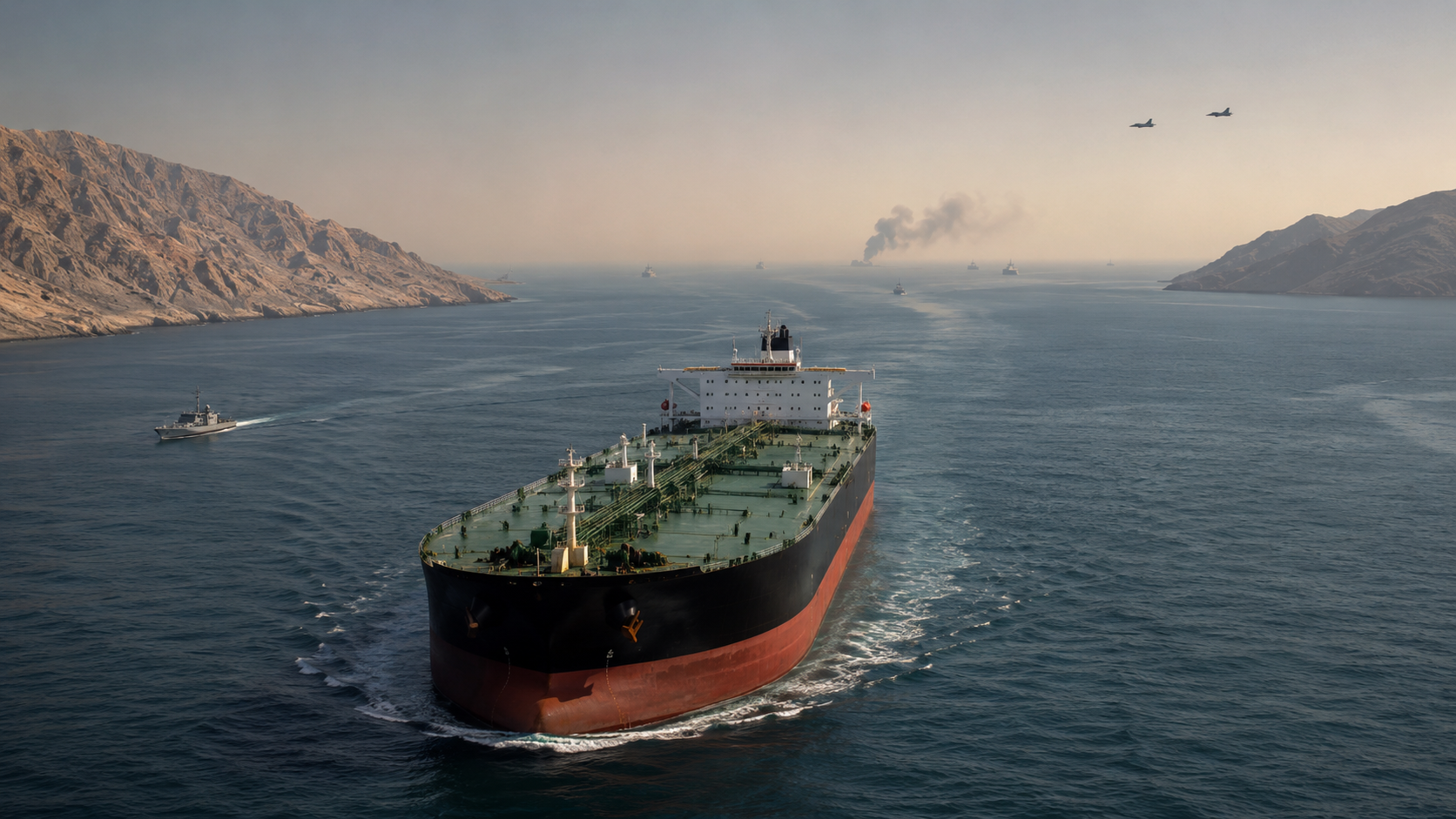 A large oil tanker travels through the Strait of Hormuz as patrol vessels, fighter jets and distant smoke signal escalating regional tensions.
