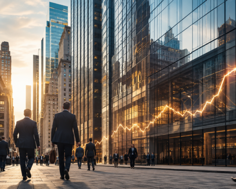 Finance professionals walking through Wall Street as a glowing upward market graph reflects across modern bank buildings.