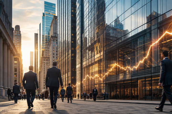 Finance professionals walking through Wall Street as a glowing upward market graph reflects across modern bank buildings.