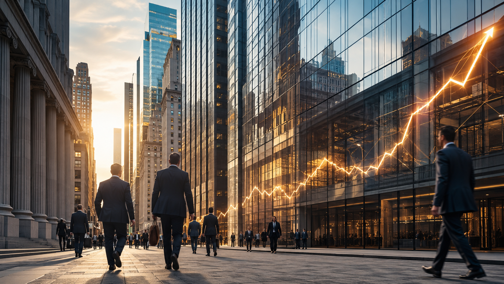 Finance professionals walking through Wall Street as a glowing upward market graph reflects across modern bank buildings.