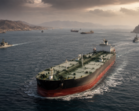 Large crude oil tanker sailing through the Strait of Hormuz with patrol vessels and other ships nearby under a hazy sky.