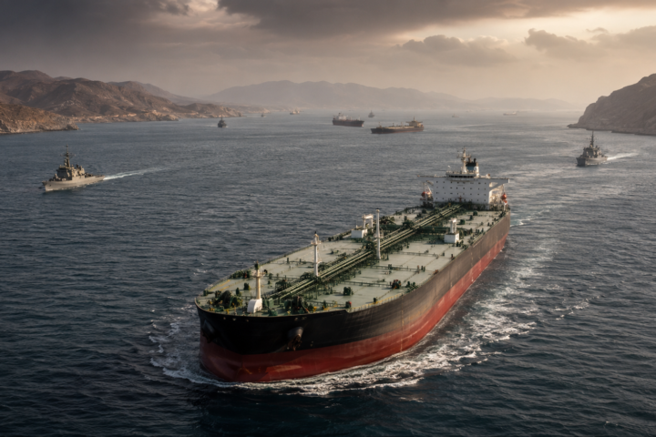 Large crude oil tanker sailing through the Strait of Hormuz with patrol vessels and other ships nearby under a hazy sky.