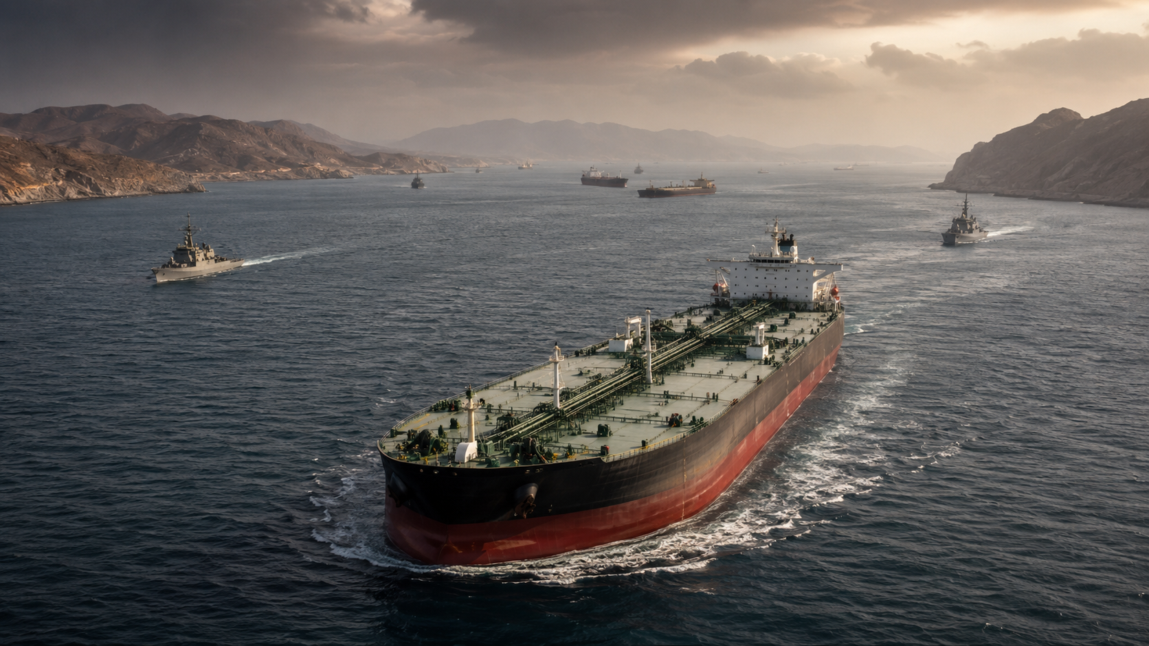 Large crude oil tanker sailing through the Strait of Hormuz with patrol vessels and other ships nearby under a hazy sky.
