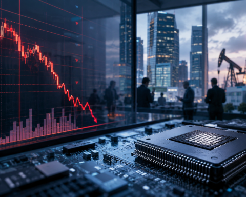 Semiconductor chip beside a falling red stock chart, with a financial district, oil pump and healthcare facility in the background.