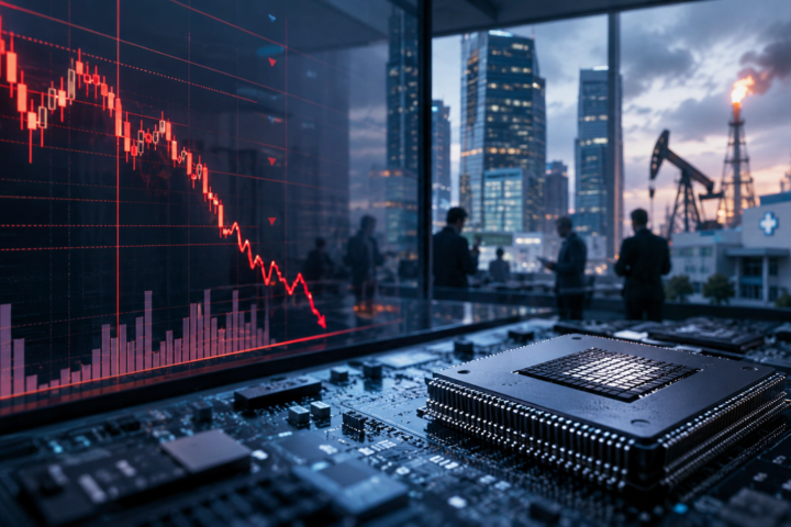 Semiconductor chip beside a falling red stock chart, with a financial district, oil pump and healthcare facility in the background.