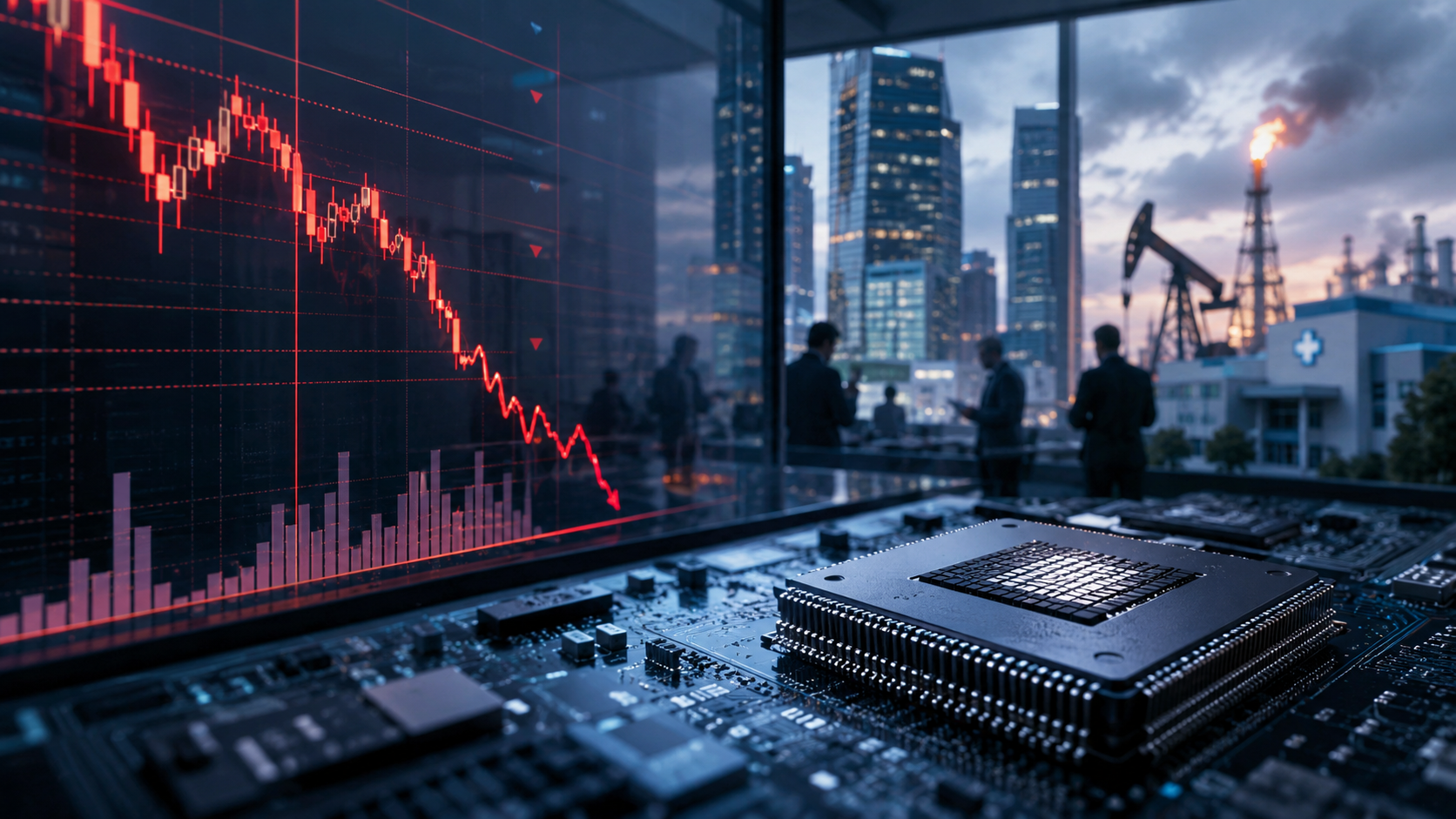 Semiconductor chip beside a falling red stock chart, with a financial district, oil pump and healthcare facility in the background.