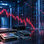 Semiconductor chips and server hardware inside a modern data center with a red downward-trending market chart overlay.