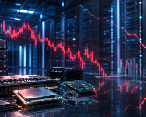 Semiconductor chips and server hardware inside a modern data center with a red downward-trending market chart overlay.