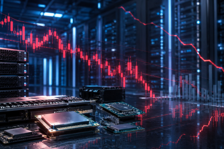 Semiconductor chips and server hardware inside a modern data center with a red downward-trending market chart overlay.