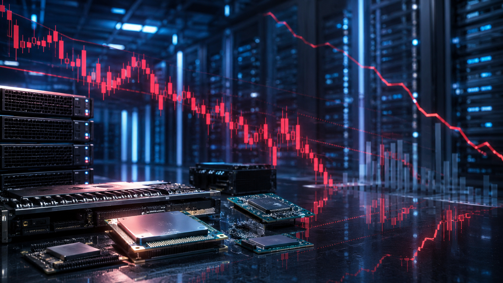 Semiconductor chips and server hardware inside a modern data center with a red downward-trending market chart overlay.