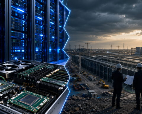 Photorealistic split scene showing glowing AI server hardware and semiconductor components on one side, with a massive data center construction site and engineers reviewing plans on the other.