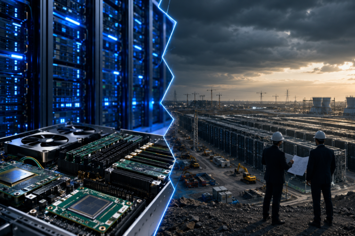 Photorealistic split scene showing glowing AI server hardware and semiconductor components on one side, with a massive data center construction site and engineers reviewing plans on the other.