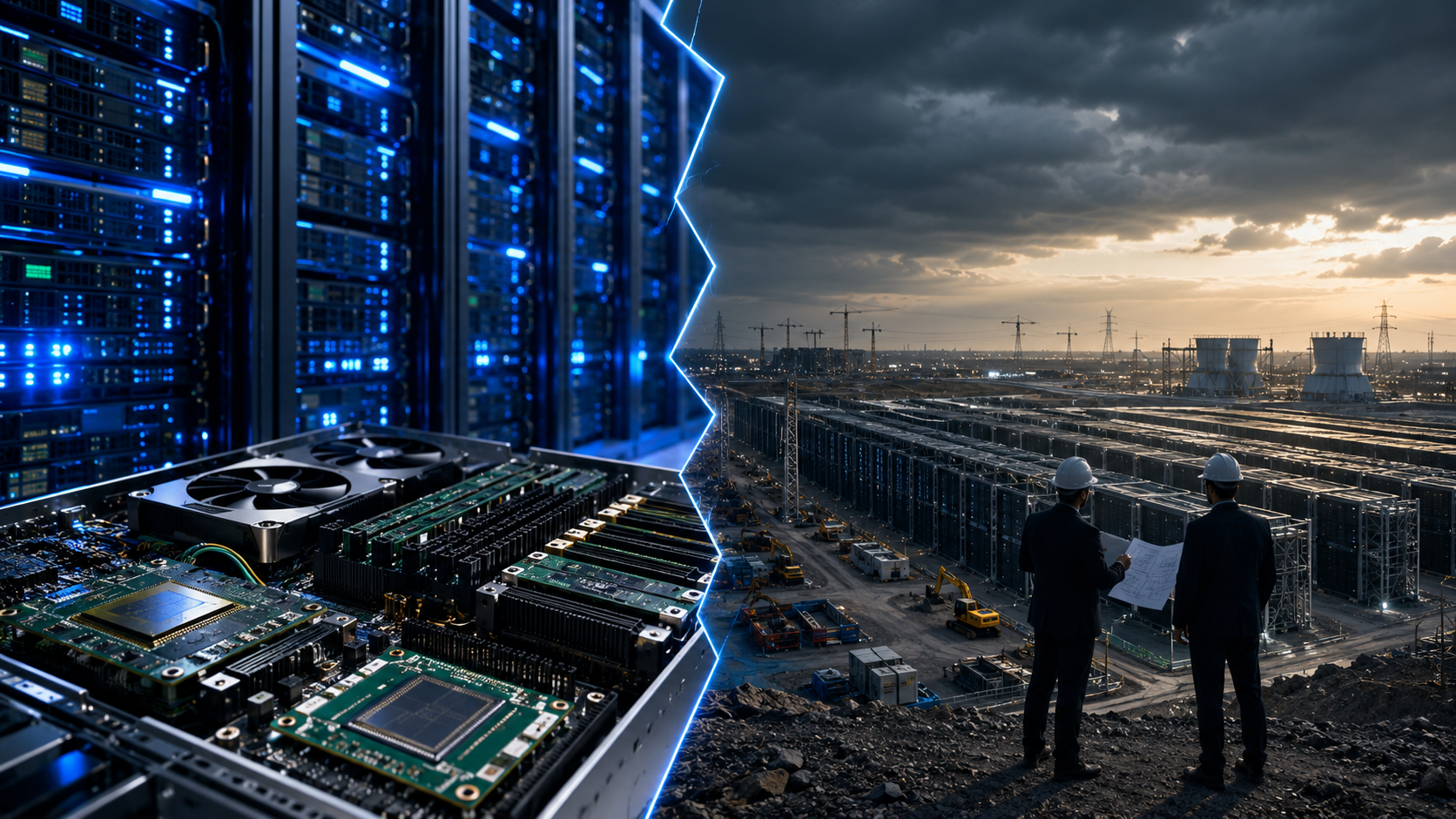 Photorealistic split scene showing glowing AI server hardware and semiconductor components on one side, with a massive data center construction site and engineers reviewing plans on the other.