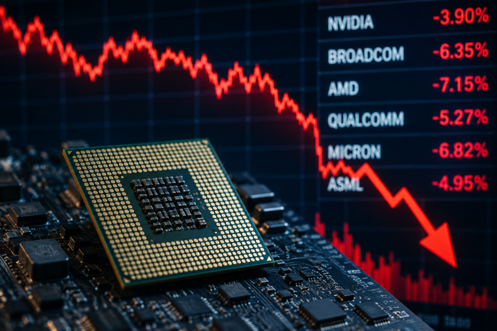 Semiconductor processor resting on a circuit board in front of a sharply falling red stock-market chart, representing a selloff in AI chip shares.