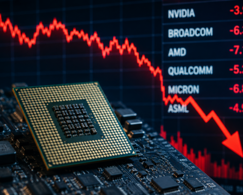 Semiconductor processor resting on a circuit board in front of a sharply falling red stock-market chart, representing a selloff in AI chip shares.