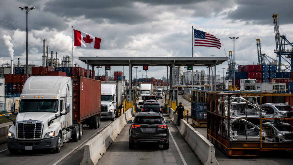 Photorealistic image of a busy U.S.-Canada border checkpoint with trucks, passenger vehicles, shipping containers, auto parts, and American and Canadian flags under dark clouds.