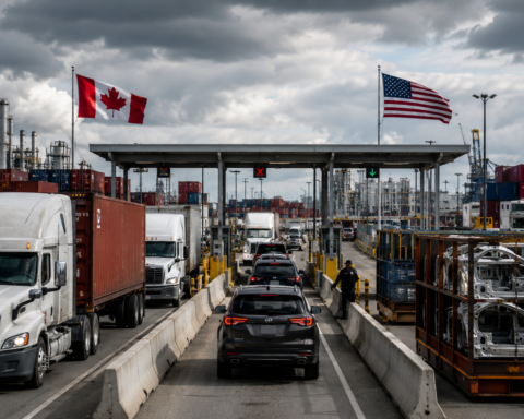 Photorealistic image of a busy U.S.-Canada border checkpoint with trucks, passenger vehicles, shipping containers, auto parts, and American and Canadian flags under dark clouds.