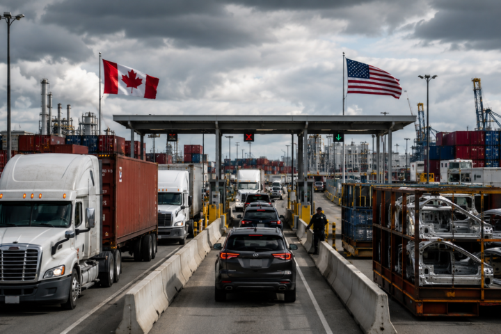 Photorealistic image of a busy U.S.-Canada border checkpoint with trucks, passenger vehicles, shipping containers, auto parts, and American and Canadian flags under dark clouds.