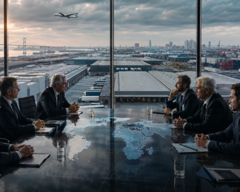 Business executives meeting across a conference table in a glass boardroom overlooking a vast logistics hub with warehouses, shipping containers, trucks, cranes, and an airplane in the distance.