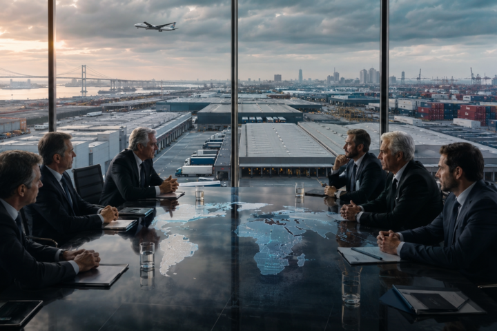 Business executives meeting across a conference table in a glass boardroom overlooking a vast logistics hub with warehouses, shipping containers, trucks, cranes, and an airplane in the distance.