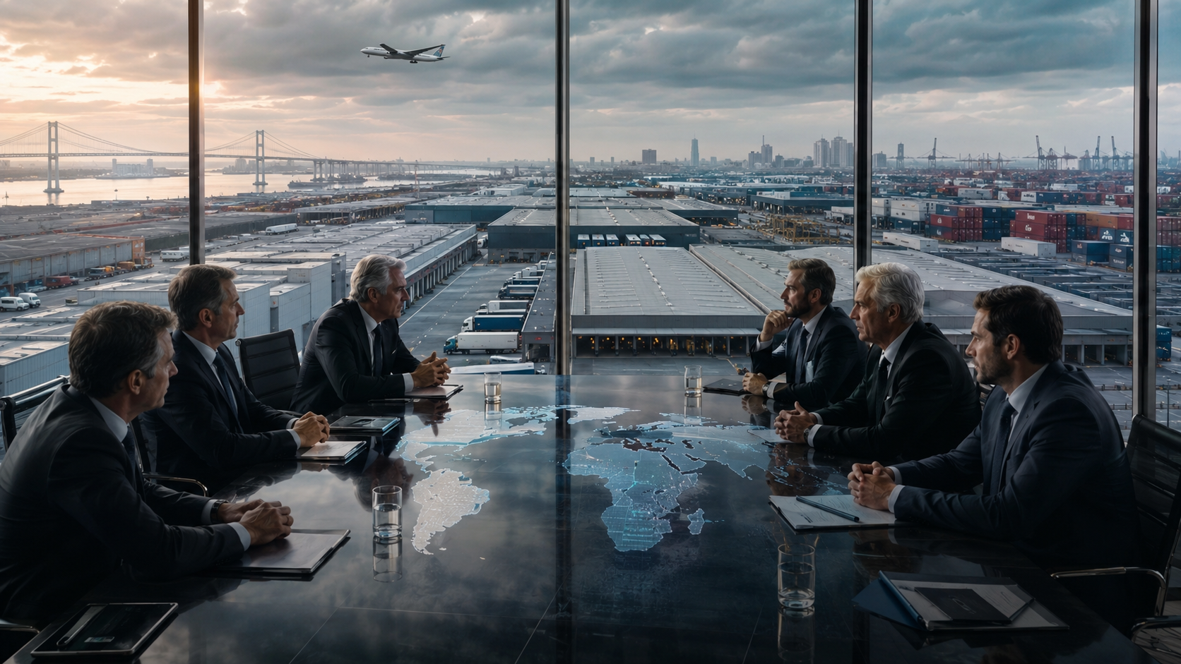 Business executives meeting across a conference table in a glass boardroom overlooking a vast logistics hub with warehouses, shipping containers, trucks, cranes, and an airplane in the distance.