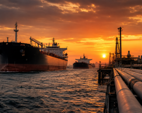 Large oil tankers moving through a strategic maritime corridor at sunset beside industrial pipelines and loading infrastructure.