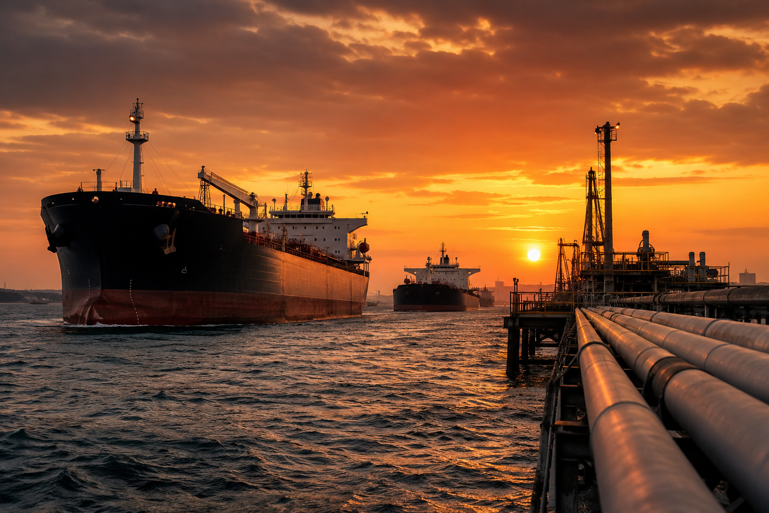 Large oil tankers moving through a strategic maritime corridor at sunset beside industrial pipelines and loading infrastructure.