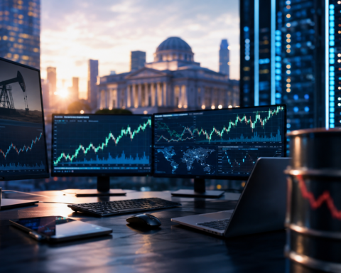 Photorealistic trading desk with multiple market screens, falling oil imagery, and a city skyline at dawn, symbolizing lower crude prices and a rebound in global stocks.