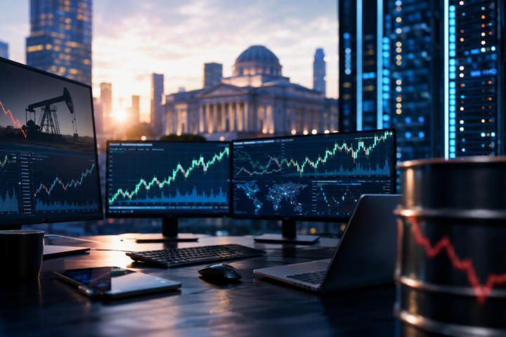 Photorealistic trading desk with multiple market screens, falling oil imagery, and a city skyline at dawn, symbolizing lower crude prices and a rebound in global stocks.