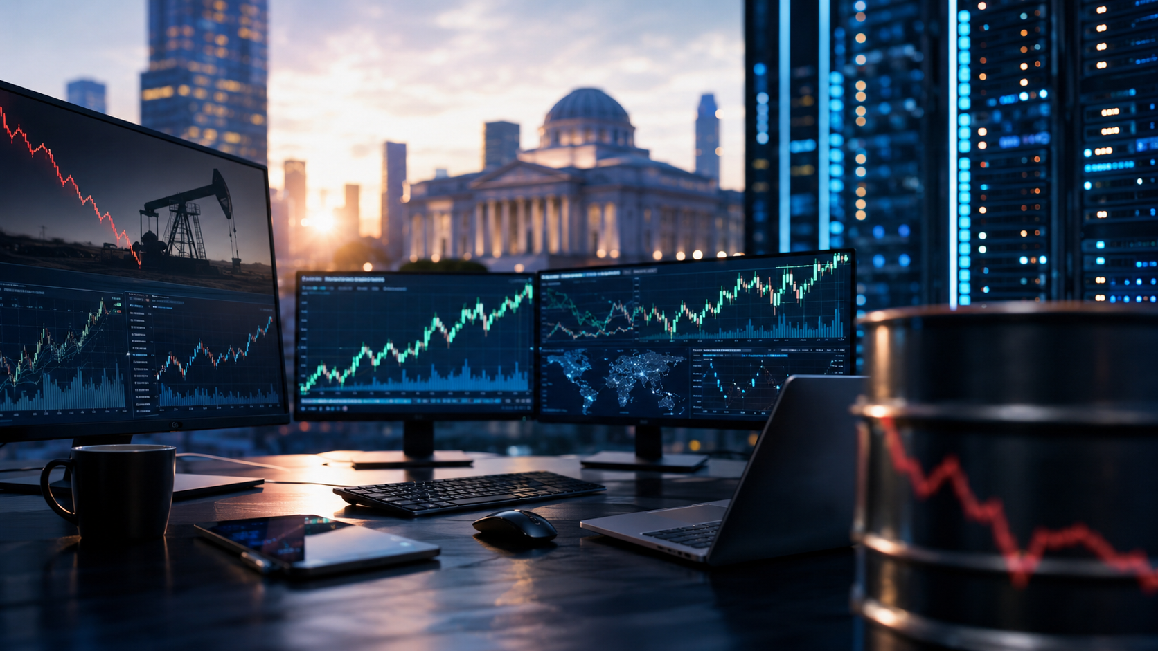 Photorealistic trading desk with multiple market screens, falling oil imagery, and a city skyline at dawn, symbolizing lower crude prices and a rebound in global stocks.