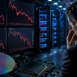 A concerned investor studies sharply falling market charts on multiple screens beside semiconductor hardware and server racks in a dimly lit data-centre environment.