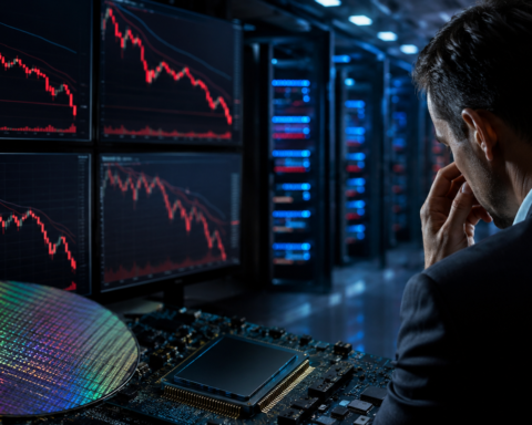 A concerned investor studies sharply falling market charts on multiple screens beside semiconductor hardware and server racks in a dimly lit data-centre environment.