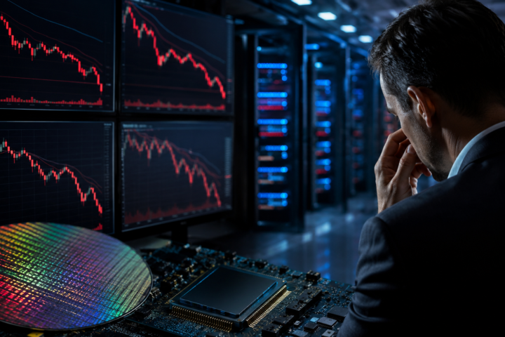 A concerned investor studies sharply falling market charts on multiple screens beside semiconductor hardware and server racks in a dimly lit data-centre environment.