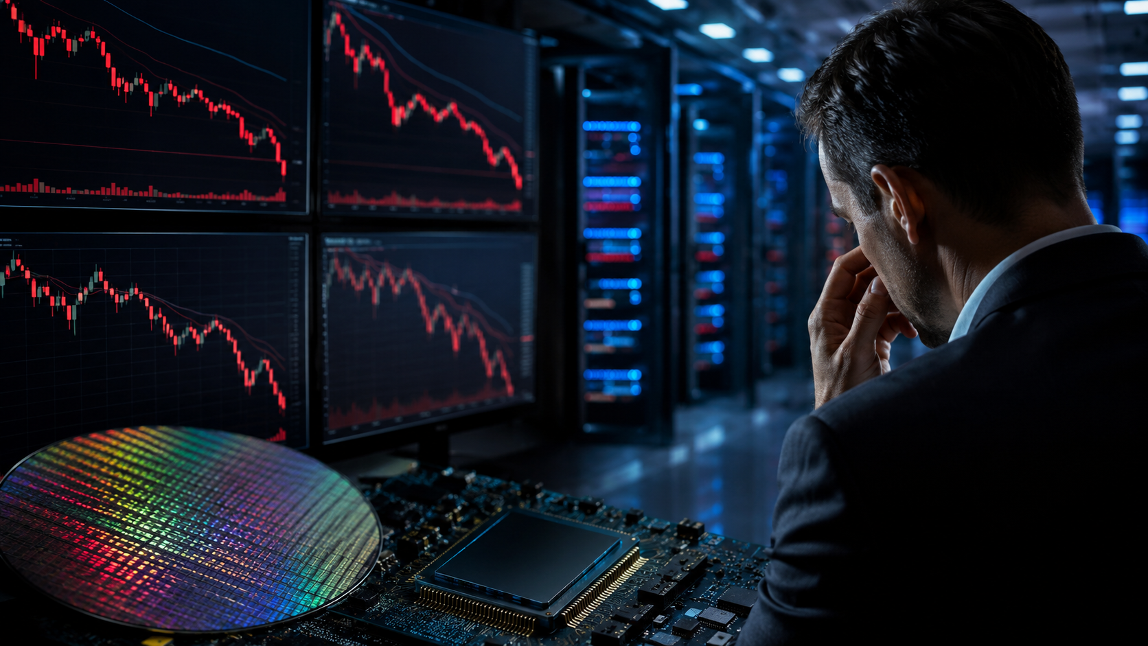 A concerned investor studies sharply falling market charts on multiple screens beside semiconductor hardware and server racks in a dimly lit data-centre environment.