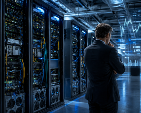 Business executive standing inside a large AI data centre while analysing a financial chart showing uncertain investment returns.