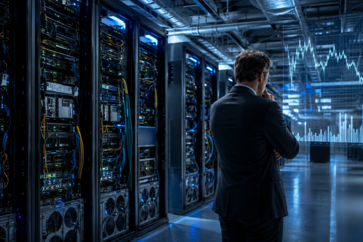 Business executive standing inside a large AI data centre while analysing a financial chart showing uncertain investment returns.